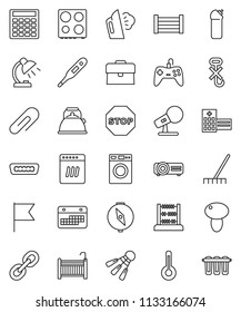 thin line vector icon set - rake vector, steaming, washer, cleaning agent, kettle, oven, mushroom, table lamp, compass, abacus, flag, case, calculator, shuttlecock, calendar, wood box, no hook, link