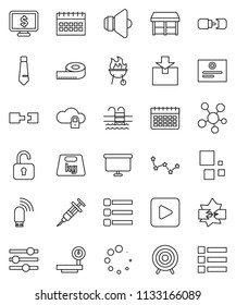 thin line vector icon set - bbq vector, certificate, constellation, presentation board, tie, calendar, monitor dollar, measuring, target, pool, package, weight, big scales, speaker, social media
