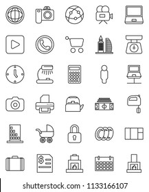 thin line vector icon set - plates vector, kettle, scales, mixer, table lamp, world, case, annual report, calculator, clock, man, stadium, calendar, camera, video, internet, notebook pc, play button