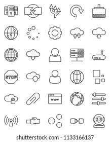 thin line vector icon set - internet vector, connection, network server, cloud shield, lock, exchange, browser, gear, equalizer, router, lan connector, share, redo, upload, download, loading, globe
