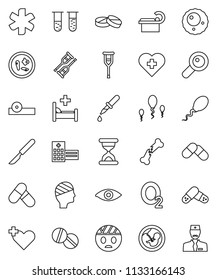 thin line vector icon set - pills vector, heart cross, oxygen, ambulance star, vial, eye, magnifier, pregnancy, dropper, crutches, scalpel, broken bone, sand clock, doctor hat, microbs, hospital bed