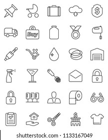 thin line vector icon set - water drop vector, sprayer, house hold, toilet paper, skimmer, mixer, jar, glasses, case, bank building, dollar shield, medal, hoop, glass, no trolley, thumbtack, mail