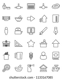 thin line vector icon set - sprayer vector, plates, kettle, measuring cup, cookbook, pasta, steak, pen, university, corner ruler, student, dollar growth, man, arrow up, monitor, calendar, cereals