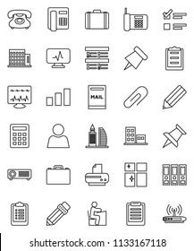 thin line vector icon set - shining window vector, pencil, student, case, clipboard, paper pin, exam, binder, phone, sorting, thumbtack, diagnostic monitor, attachment, user, mailbox, apartments