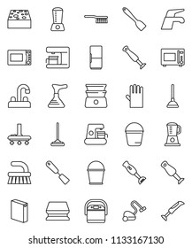 thin line vector icon set - plunger vector, water tap, vacuum cleaner, fetlock, mop, bucket, sponge, washing powder, rubber glove, spatula, microwave oven, double boiler, blender, fridge