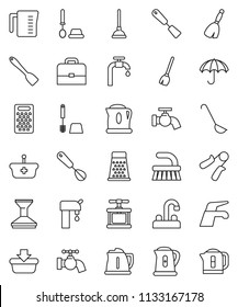 thin line vector icon set - plunger vector, broom, water tap, fetlock, car, toilet brush, kettle, measuring cup, cook press, whisk, spatula, ladle, grater, case, hand trainer, umbrella, supply