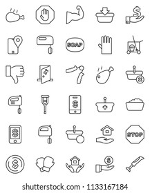 thin line vector icon set - soap vector, cleaner trolley, foam basin, rubber glove, house hold, mixer, chicken leg, dollar coin, investment, hand trainer, muscule, boxing, traking, finger down, stop