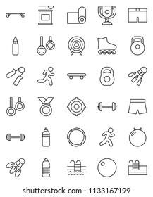 thin line vector icon set - award cup vector, target, barbell, weight, hand trainer, punching bag, fitball, shorts, roller Skates, skateboard, medal, sports nutrition, water bottle, fitness mat, run