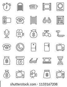 thin line vector icon set - water tap vector, washboard, glasses, alarm clock, abacus, money bag, sand, phone, big scales, film frame, tv, video camera, microphone, fridge, kitchen