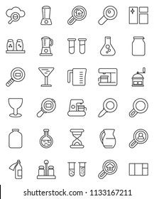 thin line vector icon set - window cleaning vector, measuring cup, hand mill, spices, jug, jar, magnifier, flask, glass, cargo search, vial, sand clock, potion, cloud, estate, client, coffee maker