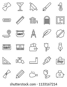 thin line vector icon set - water tap vector, splotch, washboard, rolling pin, thermometer, chicken leg, pen, pencil, corner ruler, drawing compass, glass, tulip, big scales, Railway carriage, hdmi