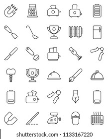thin line vector icon set - camping cauldron vector, spatula, ladle, grater, toaster, blender, dish, pen, award cup, magnet, hand trainer, battery, scalpel, tooth implant, fridge, meat grinder