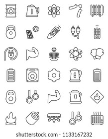 thin line vector icon set - kettle vector, atom, weight, hand trainer, muscule, boxing glove, gymnast rings, flammable, oil barrel, remote control, battery, rca, gear, solar panel, air conditioner