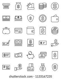 thin line vector icon set - dollar coin vector, credit card, wallet, cash, money bag, piggy bank, investment, stack, check, receipt, shield, cashbox