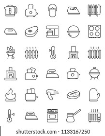 thin line vector icon set - iron vector, camping cauldron, cook glove, turk coffee, toaster, oven, thermometer, bbq, steak, flammable, fireplace, heating, maker, hair dryer, kettle, heater
