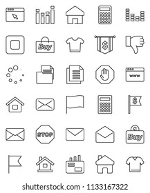 thin line vector icon set - calculator vector, flag, dollar, document, equalizer, finger down, mail, stop button, browser, home, loading, house, buy, clothes