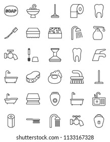 thin line vector icon set - soap vector, water tap, fetlock, mop, sponge, car, bath, toilet brush, liquid, paper, shower, sink, tooth, epilator