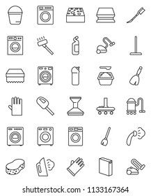 thin line vector icon set - broom vector, vacuum cleaner, mop, bucket, sponge, car fetlock, steaming, washer, washing powder, cleaning agent, rubber glove