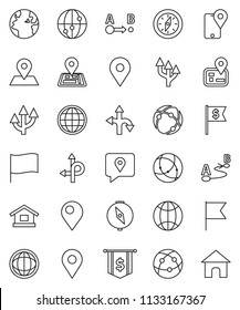 thin line vector icon set - compass vector, world, flag, dollar, route, navigator, earth, map pin, traking, internet, connection, globe, arrow, home