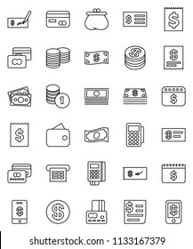 thin line vector icon set - credit card vector, cash, coin stack, check, receipt, dollar calendar, money, wallet, reader, tap pay