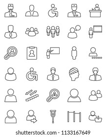 thin line vector icon set - blackboard vector, student, manager, man, personal information, horizontal bar, stairways run, client, speaking, group, disabled, doctor, crutches, head bandage, user