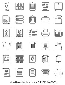 thin line vector icon set - clipboard vector, certificate, document, archive, exam, case, annual report, binder, receipt, newspaper, network folder, big data, estate, catalog, printer