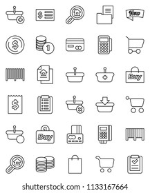 thin line vector icon set - dollar coin vector, cart, credit card, stack, receipt, estate document, search, new, shopping bag, buy, barcode, reader, basket, list