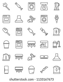 thin line vector icon set - vacuum cleaner vector, bucket, kettle, scales, oven, blender, air conditioner, fridge, washer, coffee maker, hood