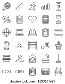 thin line vector icon set - mop vector, towel, water tap, ruler, calculator, notebook pc, clipboard, investment, bank building, sand clock, gold ingot, calendar, run, top sign, sorting, shelving