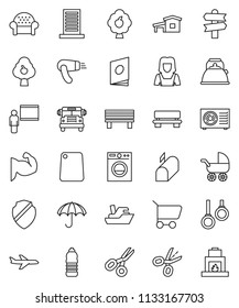 thin line vector icon set - cleaner woman vector, kettle, cutting board, blackboard, scissors, school bus, muscule hand, water bottle, gymnast rings, signpost, plane, ship, umbrella, shield, bench