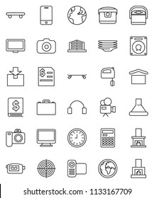 thin line vector icon set - plates vector, mixer, case, calculator, annual report, clock, skateboard, target, earth, dry cargo, package, camera, video, mobile phone, headphones, monitor, fireplace