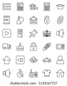 thin line vector icon set - cake vector, university, calculator, arrow up, t shirt, dry cargo, speaker, remote control, thumbtack, play button, backward, disabled, chain, unlock, user, cottage, lock