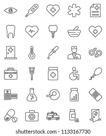 thin line vector icon set - flask vector, heart pulse, pills vial, cross, first aid kit, doctor bag, ambulance star, disabled, thermometer, eye, gender sign, insemination, dropper, crutches, patch
