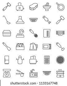 thin line vector icon set - sponge vector, plates, sink, water tap, pan, kettle, colander, measuring cup, scales, apron, cook press, whisk, skimmer, spatula, ladle, meat hammer, grater, toaster