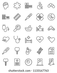 thin line vector icon set - school building vector, ambulance star, disabled, heart pulse, cross, thermometer, magnifier, pregnancy, crutches, patch, stethoscope, pills, blister, mortar, anamnesis