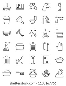 thin line vector icon set - plunger vector, scraper, cleaner trolley, water tap, vacuum, fetlock, bucket, sponge, trash bin, shining, window cleaning, toilet, drying clothes, foam basin, agent