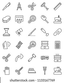 thin line vector icon set - scraper vector, sponge, car fetlock, steaming, rubber glove, whisk, meat hammer, grater, ruler, drawing compass, pen, telescope, crutches, scissors, scalpel, attachment