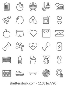 thin line vector icon set - diet vector, measuring, scales, heart pulse, stopwatch, clipboard, fitball, buttocks, snickers, shorts, swimsuite, skateboard, target, medal, pills, sports nutrition