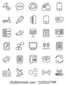 thin line vector icon set - clipboard vector, radio, satellitie, internet, mobile phone, speaking man, classic, hdmi, server, network, big data, hub, share, message, refresh, wireless, mail, monitor