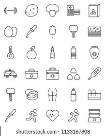 thin line vector icon set - cereal vector, egg, mushroom, potato, oil, apple fruit, barbell, heart pulse, buttocks, water bottle, breads, hoop, run, doctor bag, thermometer, dropper, amkbulance car