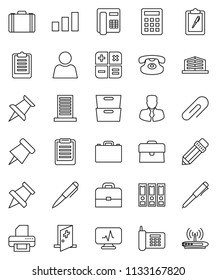 thin line vector icon set - pencil vector, case, pen, clipboard, paper pin, archive, manager, binder, phone, sorting, classic, thumbtack, diagnostic monitor, medical room, attachment, user, printer