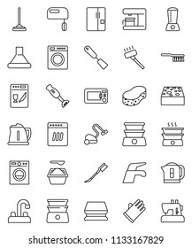thin line vector icon set - water tap vector, vacuum cleaner, fetlock, mop, sponge, car, washing powder, rubber glove, kettle, spatula, double boiler, blender, fridge, washer, dishwasher, mixer