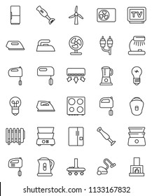 thin line vector icon set - vacuum cleaner vector, iron, kettle, mixer, oven, double boiler, blender, table lamp, tv, rca, windmill, ari condition, fridge, epilator, air conditioner, fan, heater
