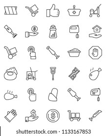 thin line vector icon set - soap vector, cleaner trolley, foam basin, rubber glove, house hold, hand mill, mixer, blender, chicken leg, dollar coin, investment, cargo, touchscreen, finger up, stop