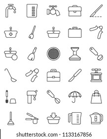 thin line vector icon set - plunger vector, broom, water tap, car fetlock, toilet brush, measuring cup, cook press, whisk, ladle, sieve, case, hand trainer, umbrella, scalpel, supply, shopping bag