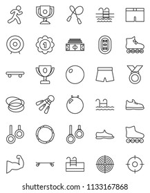 thin line vector icon set - award cup vector, target, stadium, jump rope, fitball, muscule hand, snickers, shorts, roller Skates, skateboard, medal, shuttlecock, pool, hoop, gymnast rings, run
