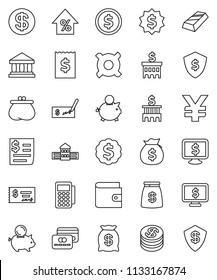 thin line vector icon set - school building vector, bank, dollar coin, gold ingot, wallet, percent growth, money bag, piggy, check, receipt, medal, shield, monitor, any currency, yen sign, reader