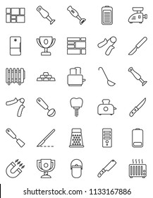 thin line vector icon set - camping cauldron vector, spatula, ladle, knife, grater, toaster, blender, award cup, magnet, gold ingot, hand trainer, consolidated cargo, battery, scalpel, tooth implant