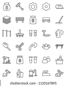 thin line vector icon set - scraper vector, vacuum cleaner, rake, iron, steaming, student, money bag, horizontal bar, big scales, group, vial, scissors, data, gear, bench, construction crane