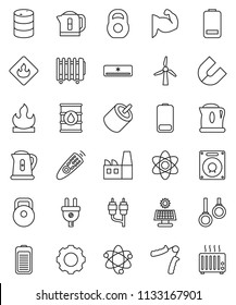 thin line vector icon set - kettle vector, atom, magnet, weight, hand trainer, muscule, gymnast rings, flammable, oil barrel, remote control, battery, rca, gear, solar panel, windmill, factory